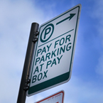 pay-for-parking at pay box sign, parking sign, no parking sign, tow zone sign, road sign, traffic sign, free stock photo, free picture, stock photography, royalty-free image